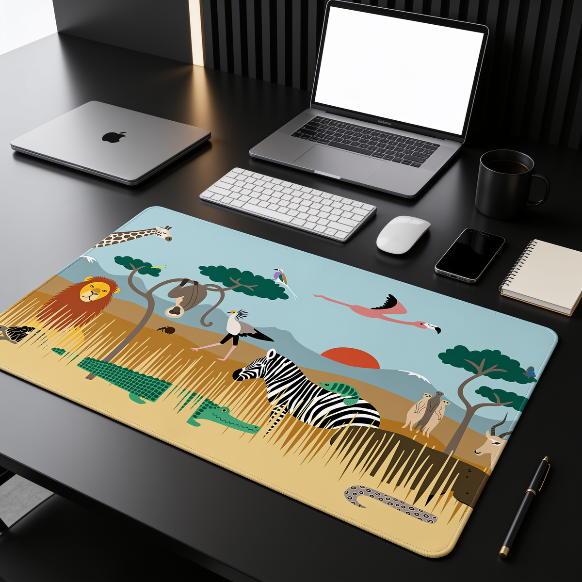 SafariPad desk mat on a black desk with a laptop, keyboard and mouse