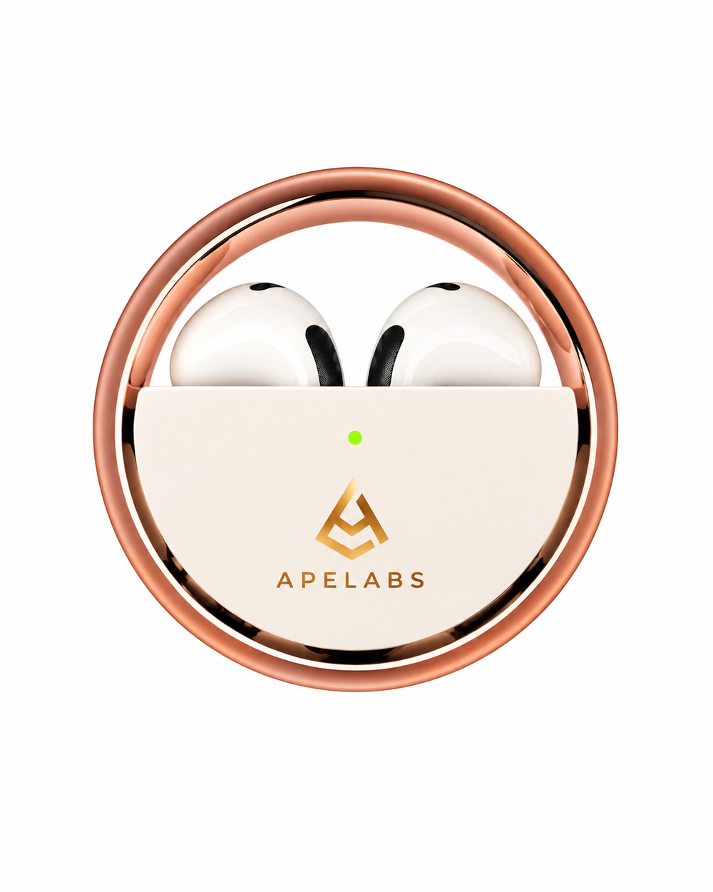 AirSpin Earbuds in Scarlet Gold, cream case with rose-gold ring and white earbuds