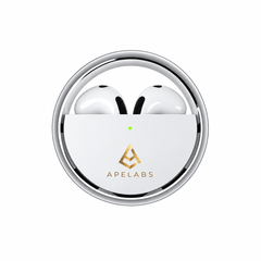 AirSpin Earbuds in Moon Silver, white case with a chrome spin ring and both earbuds inside
