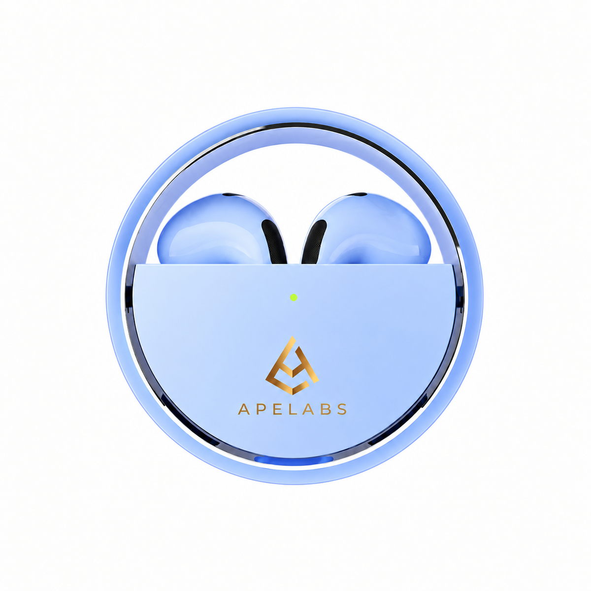 AirSpin Earbuds in Cool Blue, sky-blue case with a chrome spin ring