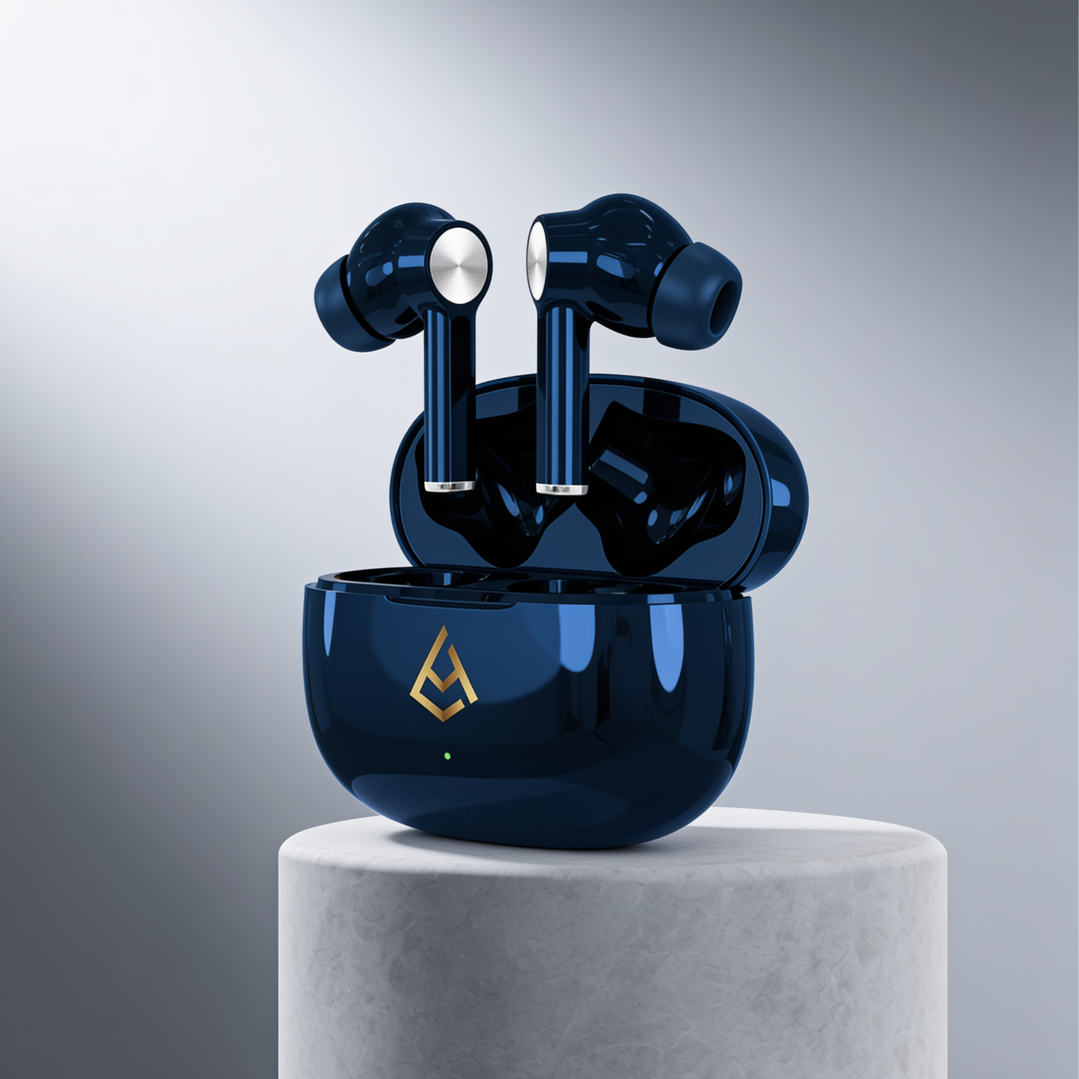 AirSpin Loaded Midnight Surge earbuds, front view