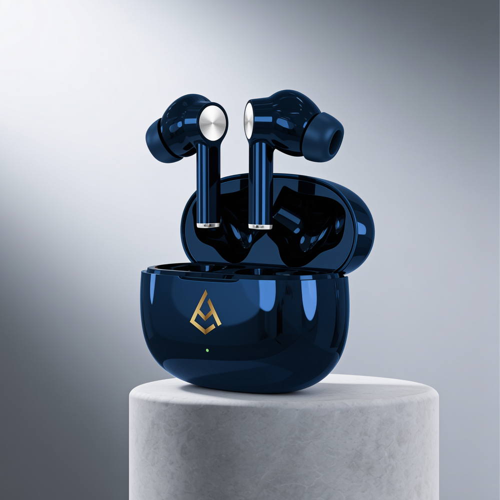 AirSpin Loaded Midnight Surge earbuds, front view