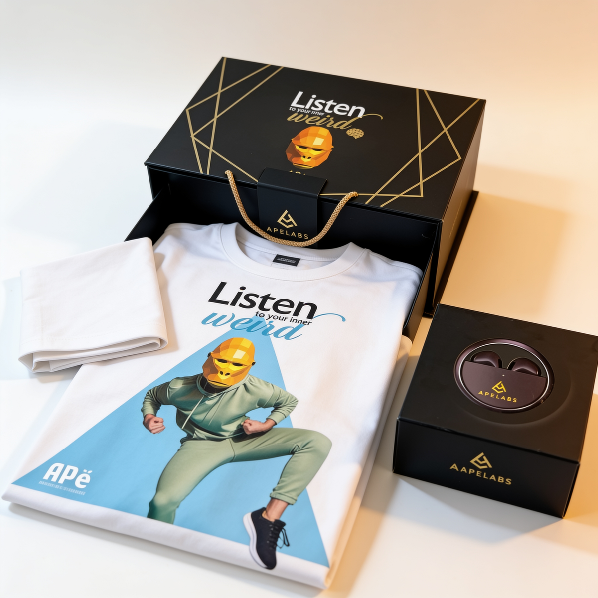 ApeLabs gift box open, showing the printed tee and the AirSpin earbuds box