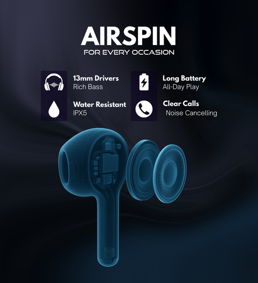 Harmony Twin Pack : 2 Airspin earbuds bringing you unmatched sound in royal style.