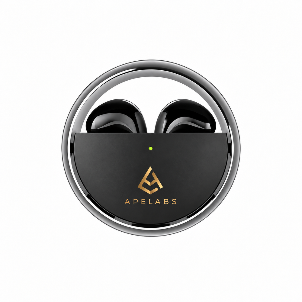 AirSpin Earbuds in Leather Black, matte black case with a chrome spin ring