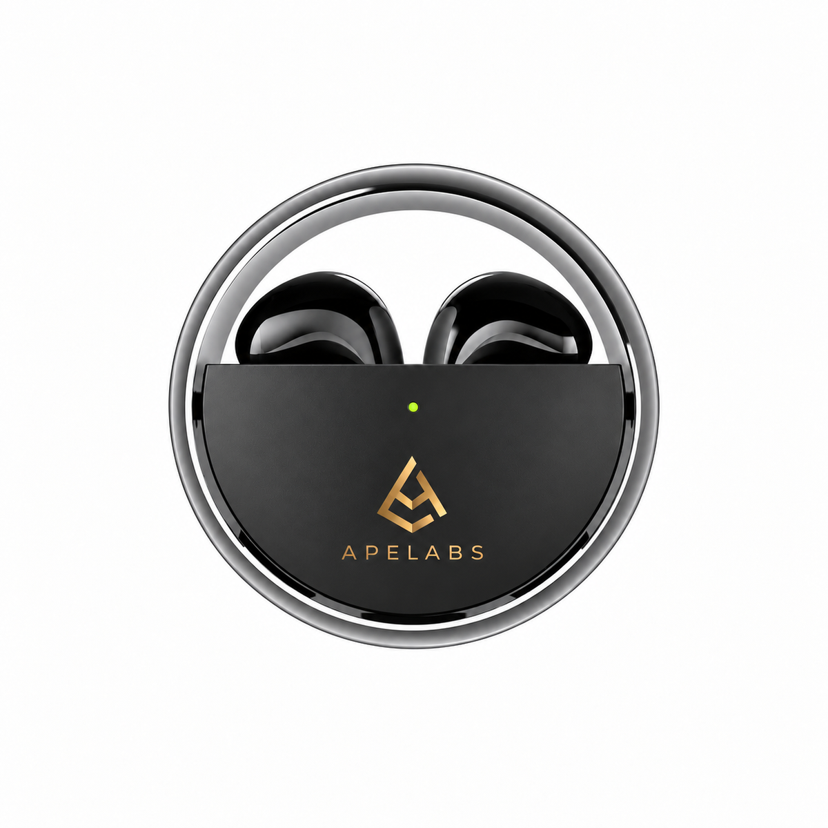 AirSpin Earbuds in Leather Black, matte black case with a chrome spin ring