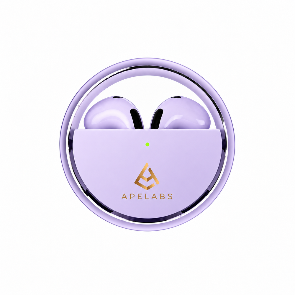 AirSpin Earbuds in Iced Purple, lilac case with matching lilac earbuds