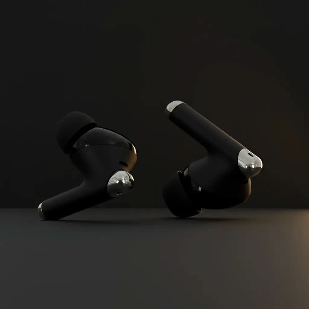 Two AirSpin Ultra earbuds with metal-tipped stems on a dark backdrop