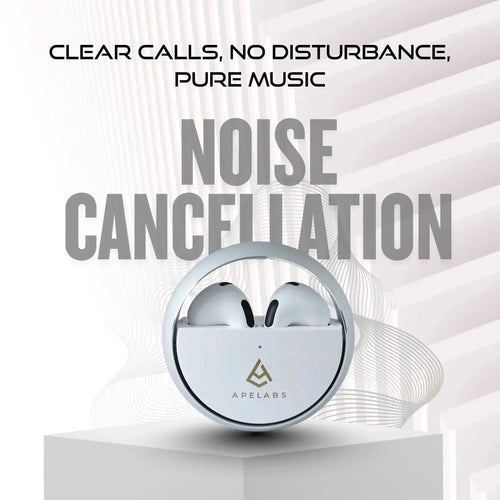 AirSpin earbuds with a noise cancellation caption: clear calls, no disturbance, pure music