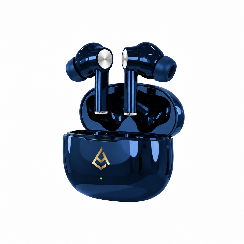 AirSpin Loaded Midnight Surge case open with both earbuds inside