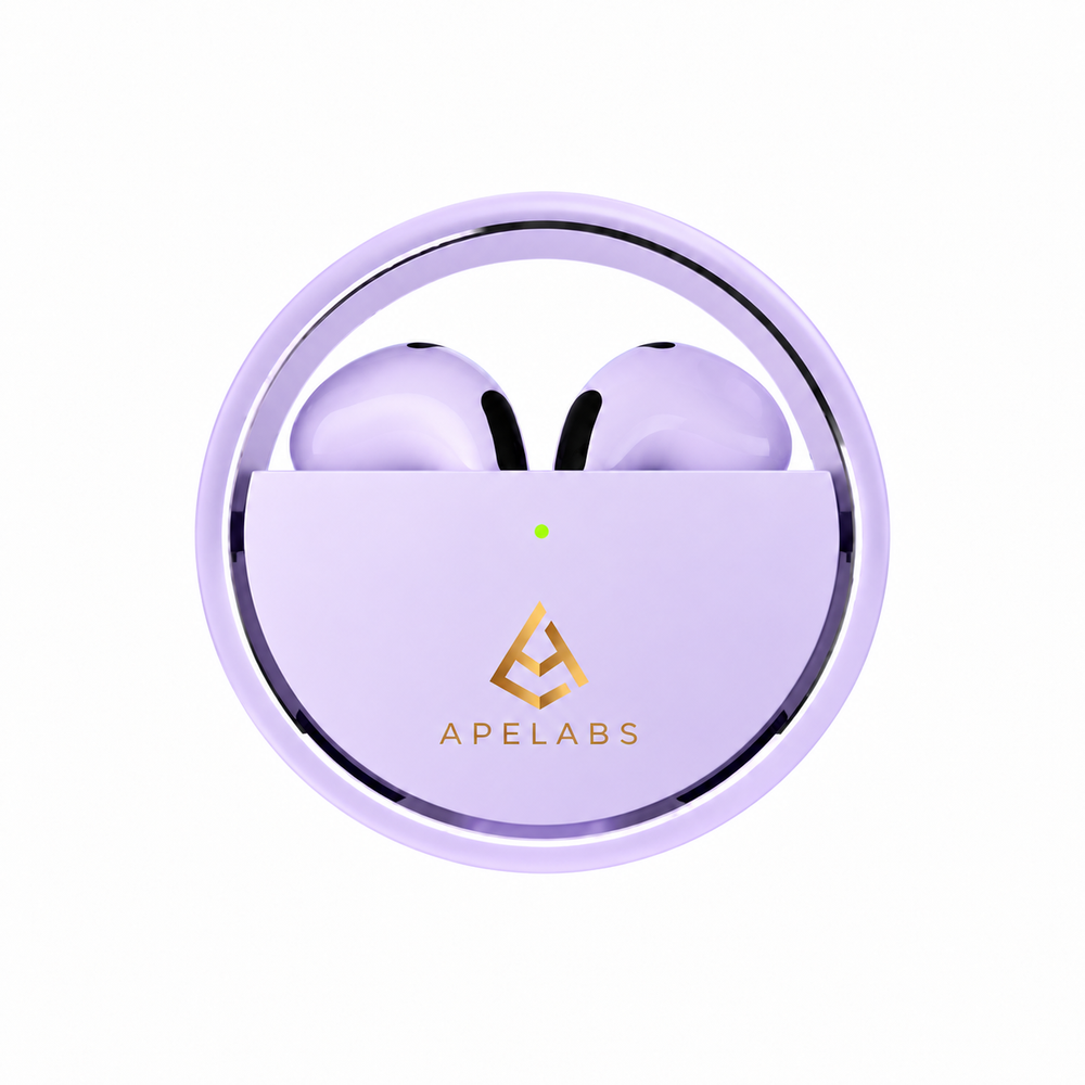 AirSpin Earbuds in Iced Purple, lilac case with a polished chrome ring