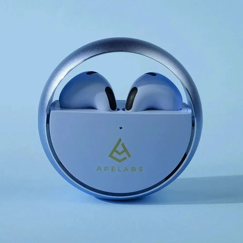 AirSpin wireless earbuds in Cool Blue with the 180° rotating charging case