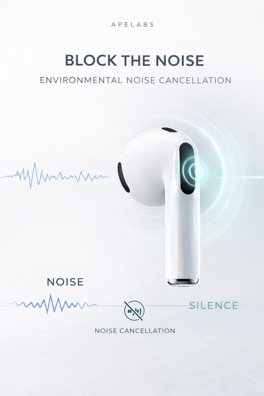 AirSpin Earbuds using ENC environmental noise cancellation to block background noise on calls