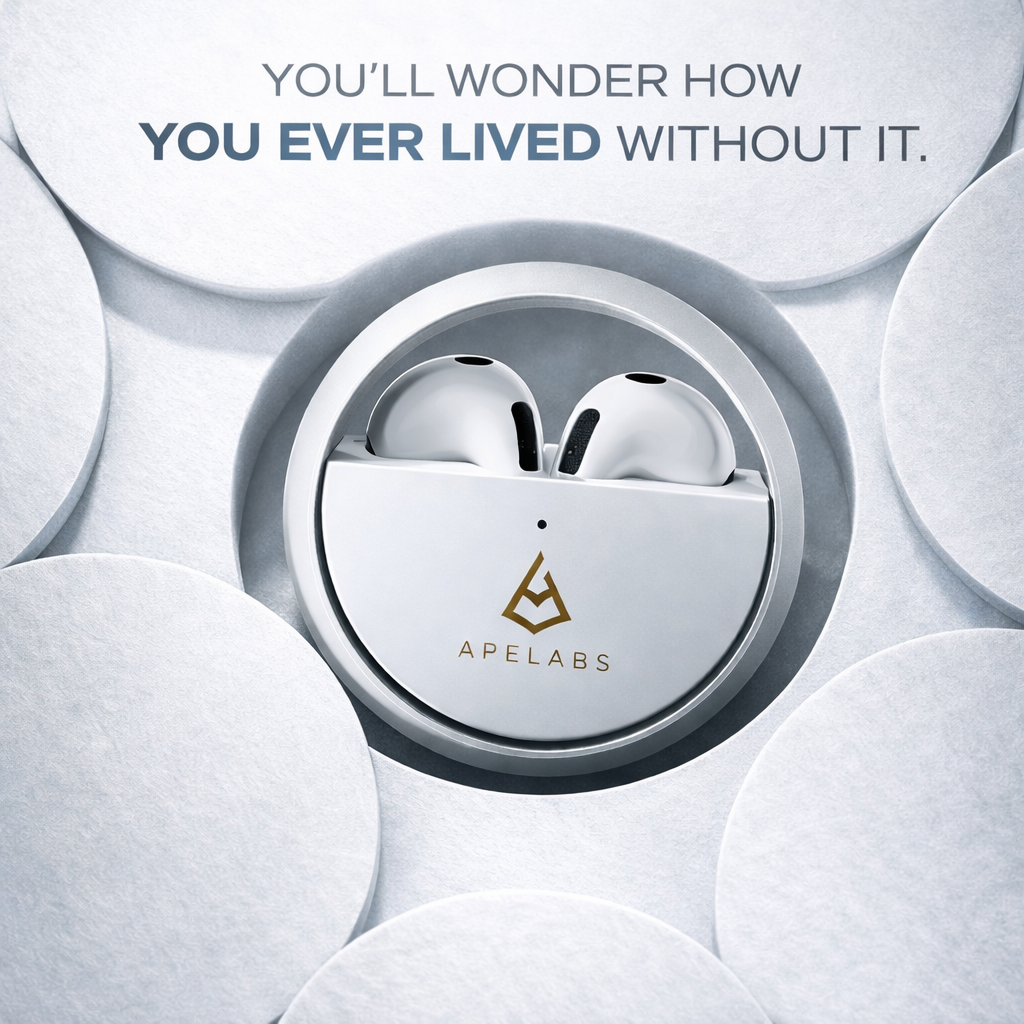AirSpin Earbuds in Moon Silver sitting in the open 180° spinning charging case