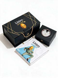 ApeLabs gift box with the printed tee and AirSpin earbuds laid out beside it