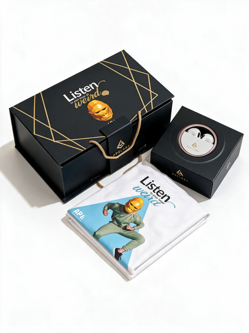 ApeLabs gift box with the printed tee and AirSpin earbuds laid out beside it