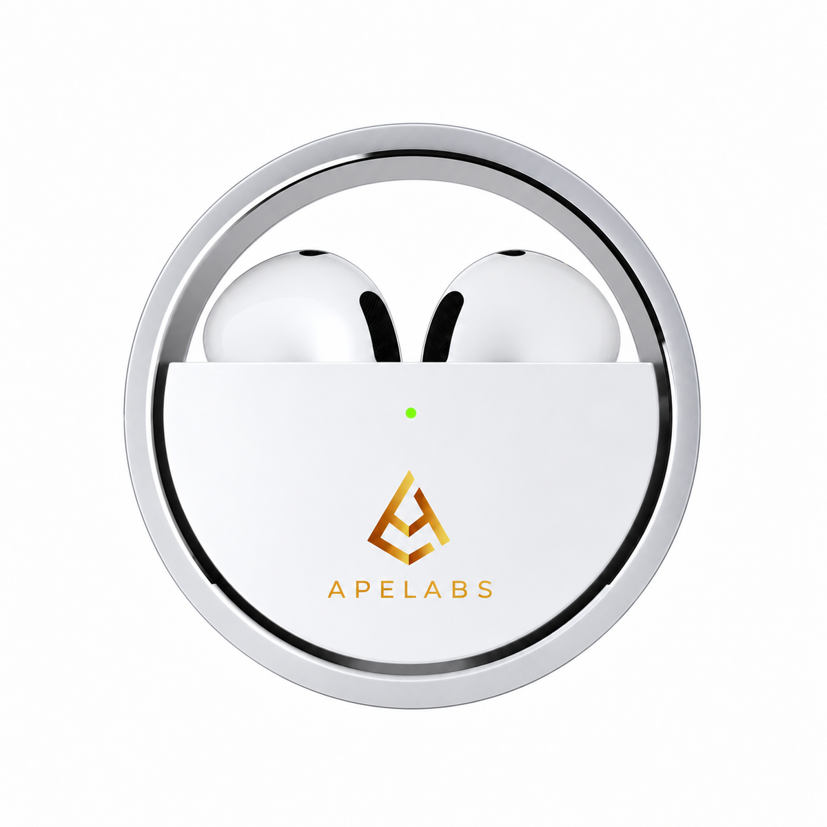 Renewed AirSpin Moon Silver case open, with both earbuds inside