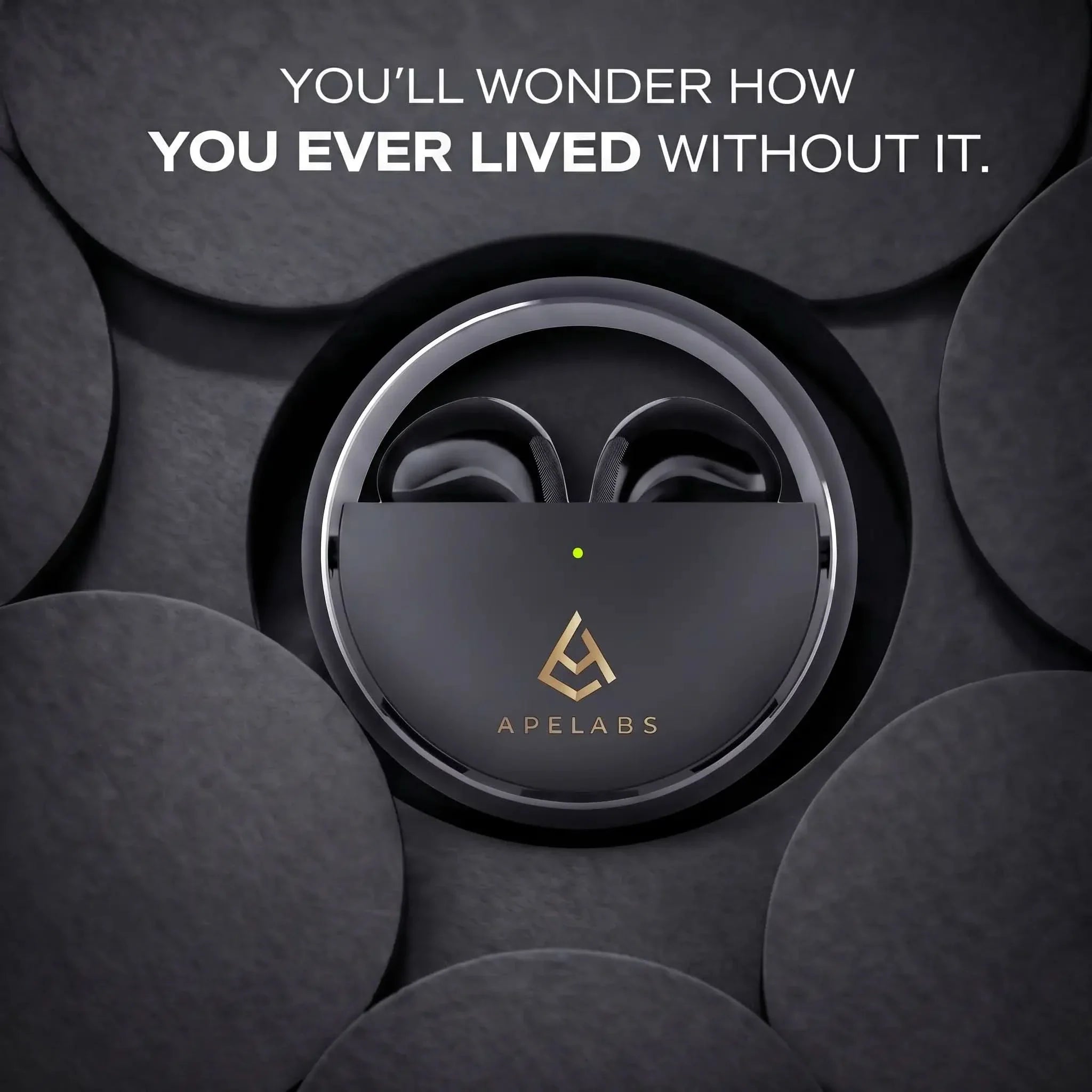 AirSpin Leather Black earbuds resting in the open spin case