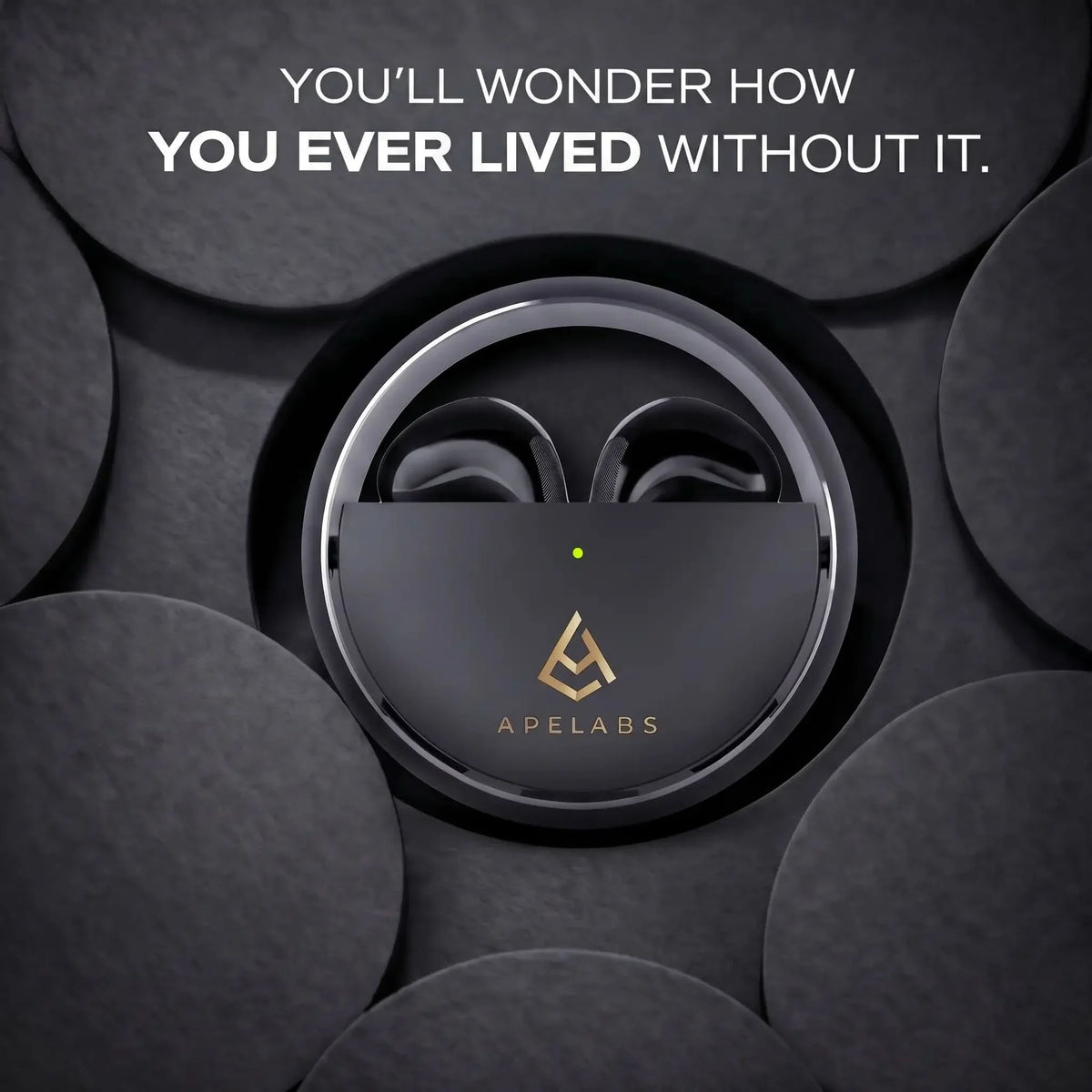 AirSpin Leather Black earbuds resting in the open spin case