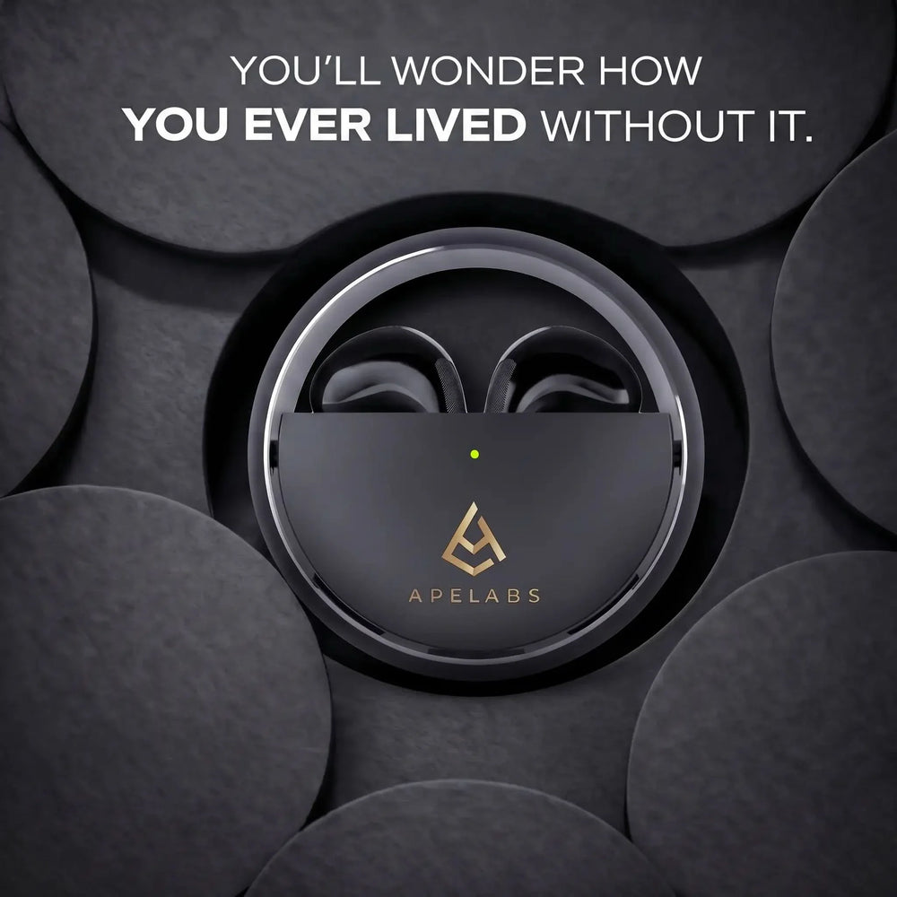AirSpin Leather Black earbuds resting in the open spin case