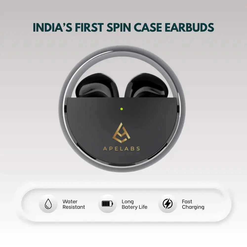 AirSpin wireless earbuds in Leather Black with the 180° rotating charging case