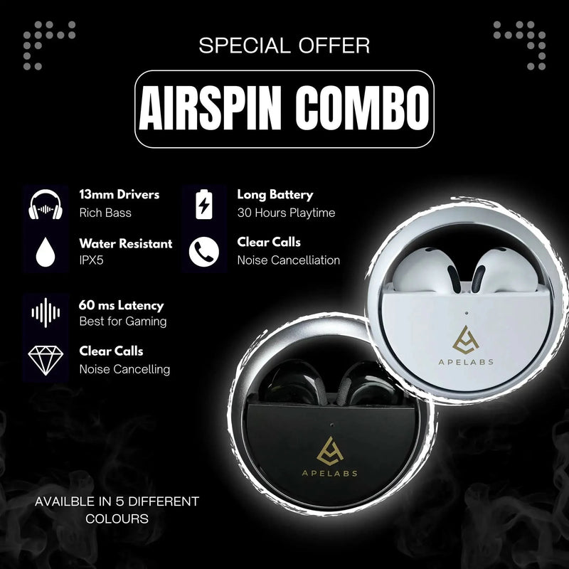 ApeLabs Couple Combo – 2 AirSpin Wireless Earbuds + 2 Oversized T-Shirts, Matching Gift Set for Couples, His & Hers Combo Pack