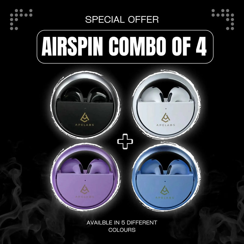 ApeLabs AirSpin Family Pack – Set of 4 Wireless Earbuds with HD Sound, ENC Calling, Long Battery Life, Value Combo for Family