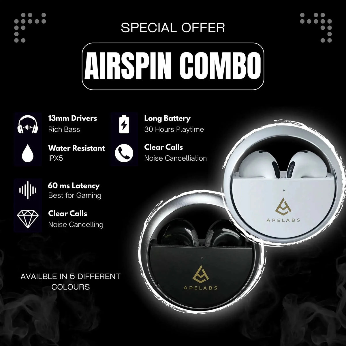 ApeLabs Couple Combo – 2 AirSpin Wireless Earbuds + 2 Oversized T-Shirts, Matching Gift Set for Couples, His & Hers Combo Pack