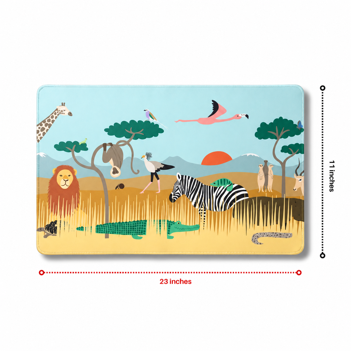 SafariPad desk mat with its safari illustration, measuring 23 by 11 inches