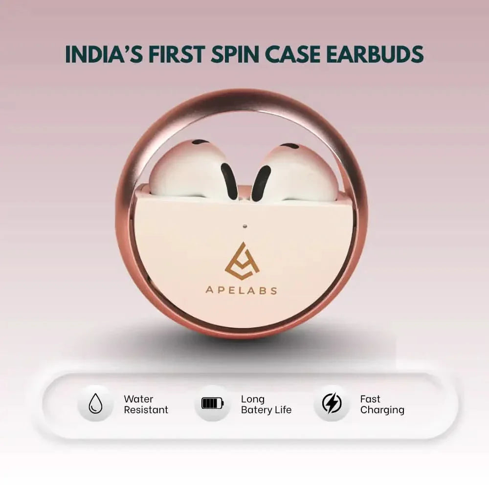 AirSpin wireless earbuds in Scarlet Gold with the 180° rotating charging case