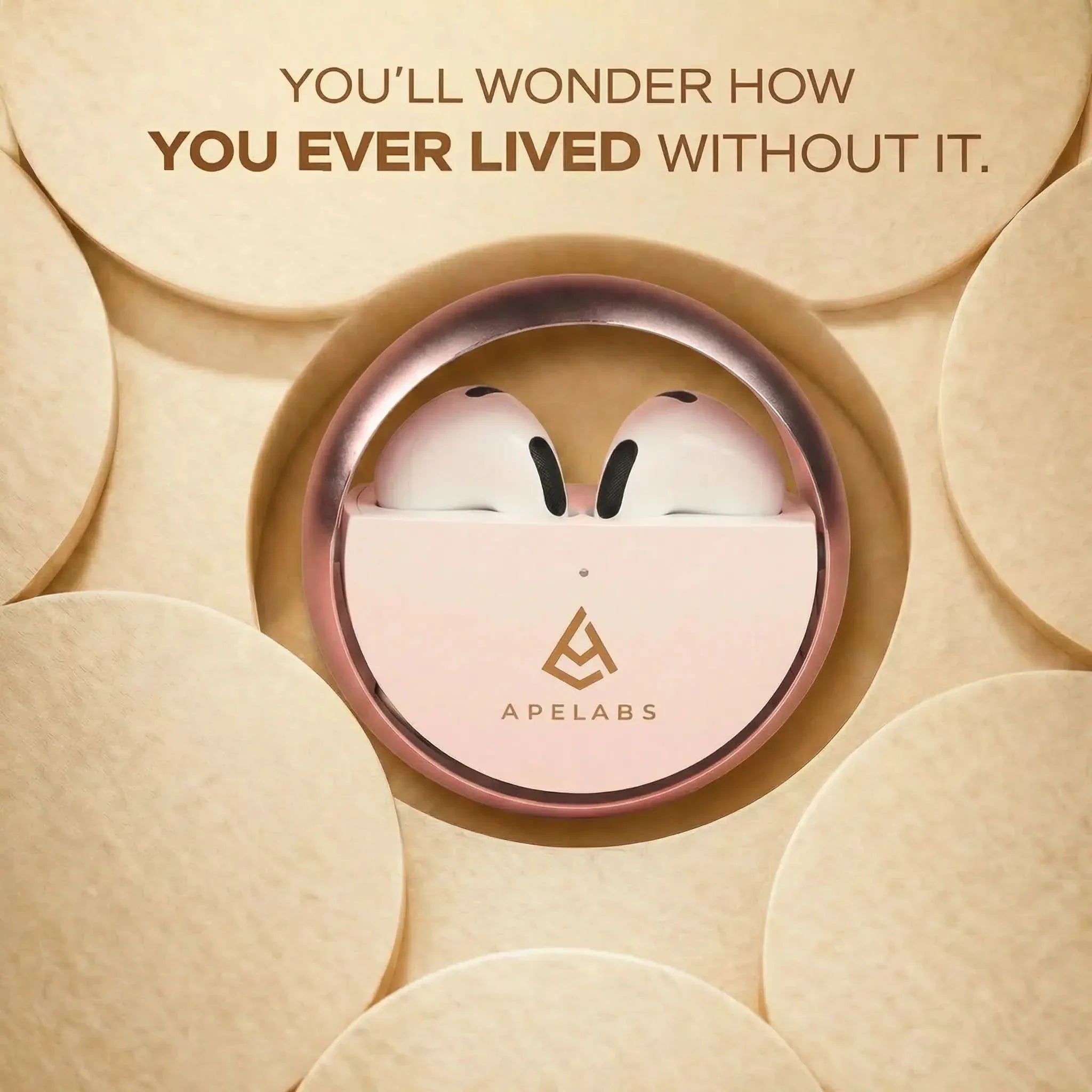 AirSpin Scarlet Gold earbuds resting in the open spin case