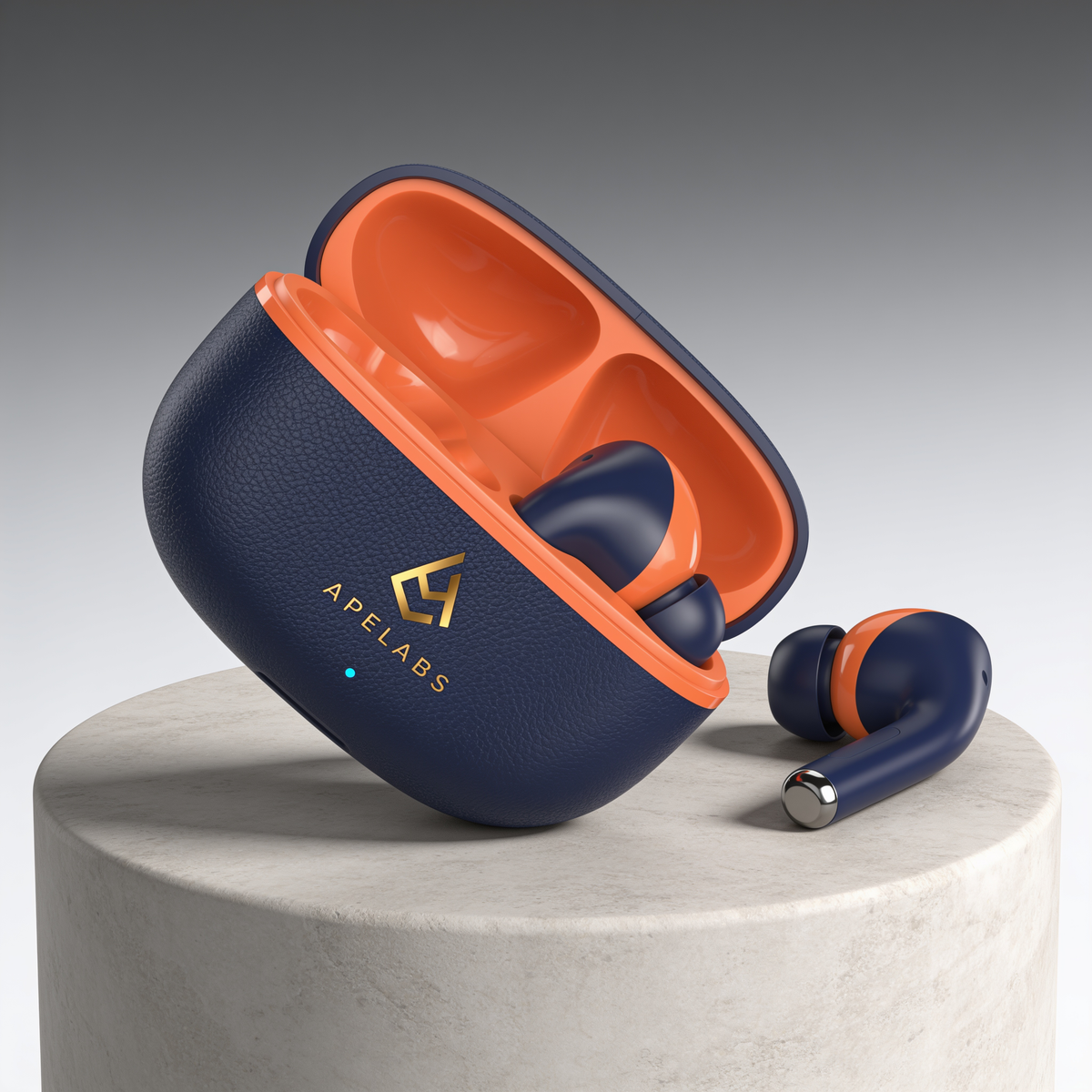 AirSpin Super Lite case in navy and orange with an earbud resting alongside