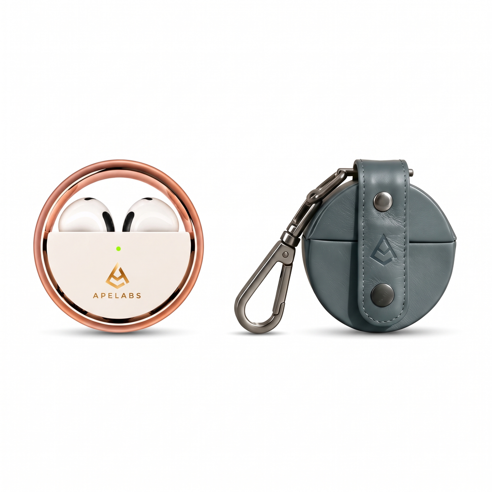 AirSpin Earbuds + Navy Leather Case Combo
