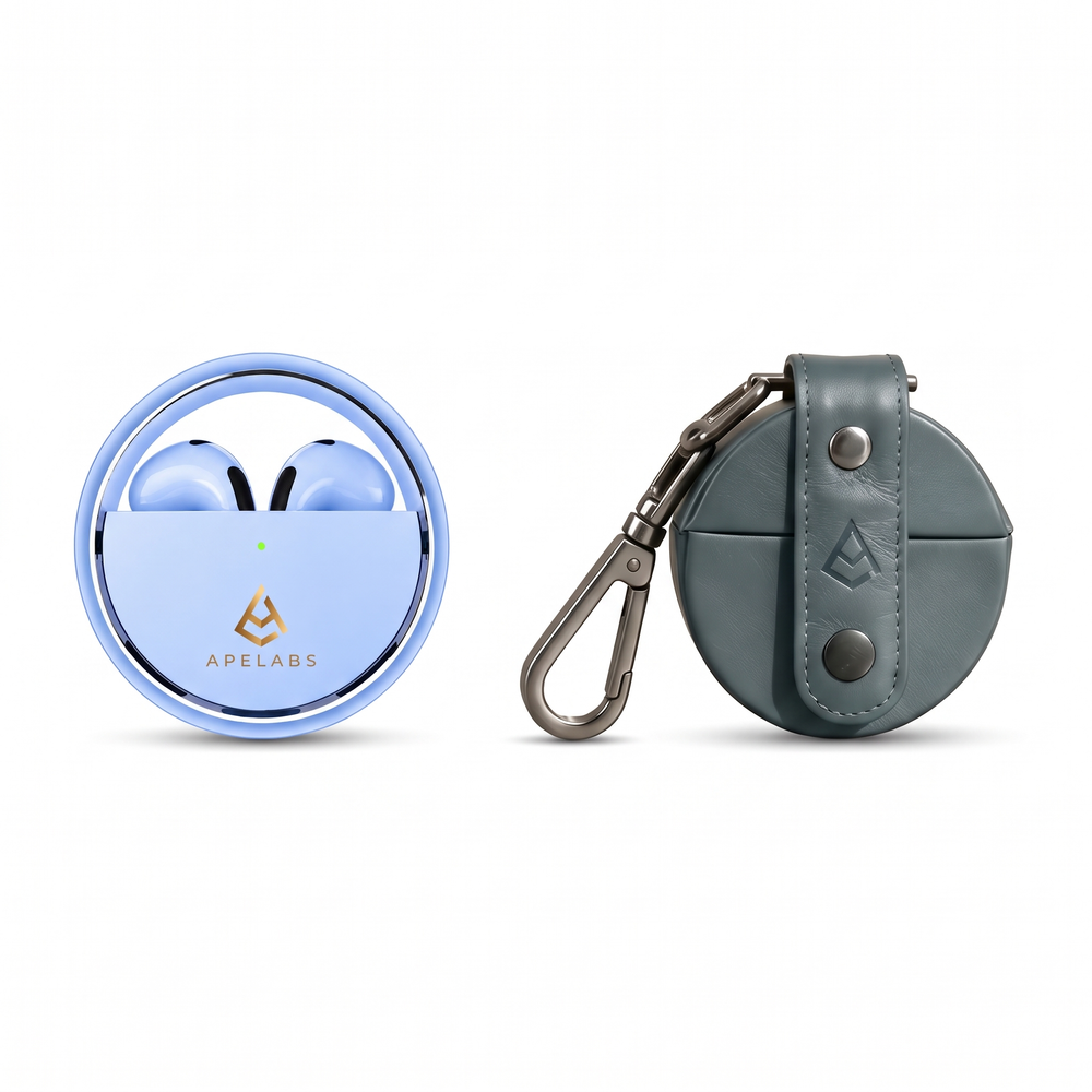 AirSpin Earbuds + Navy Leather Case Combo