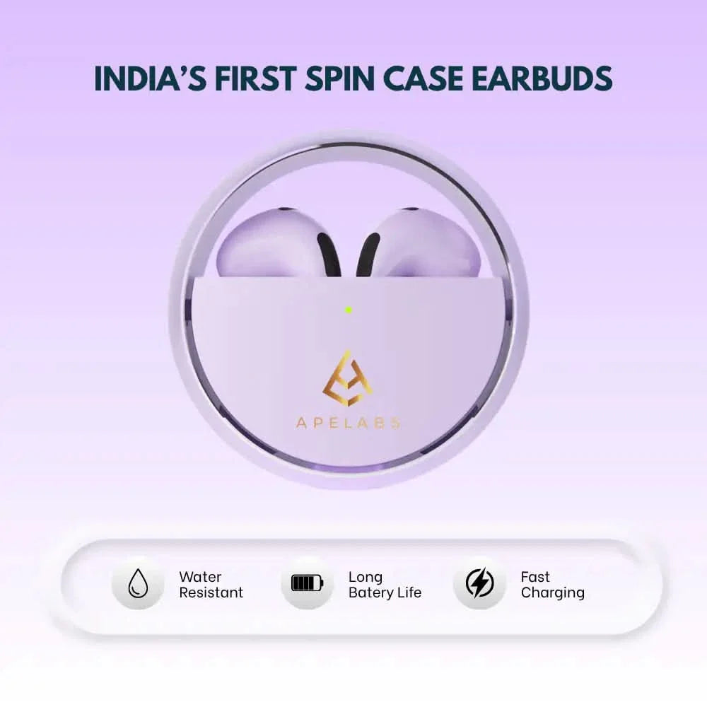 AirSpin wireless earbuds in Iced Purple with the 180° rotating charging case