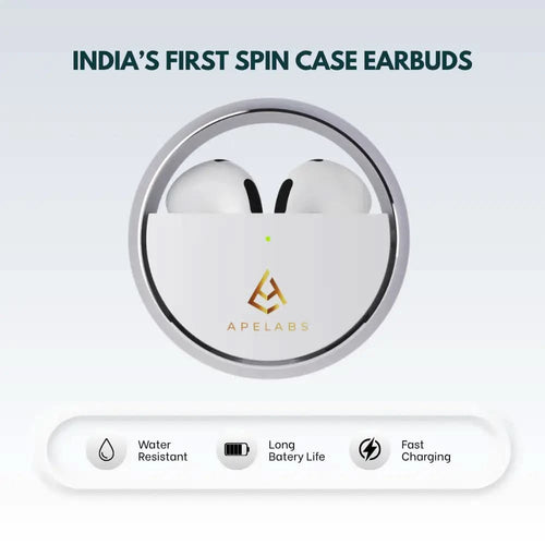 AirSpin Earbuds in Moon Silver inside India's first 180° spin case, marked water resistant, long battery life and fast charging