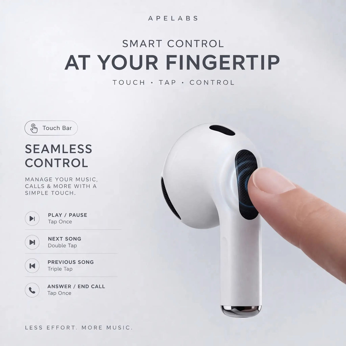 Touch controls on the AirSpin earbud stem for play, pause, next track and answering calls